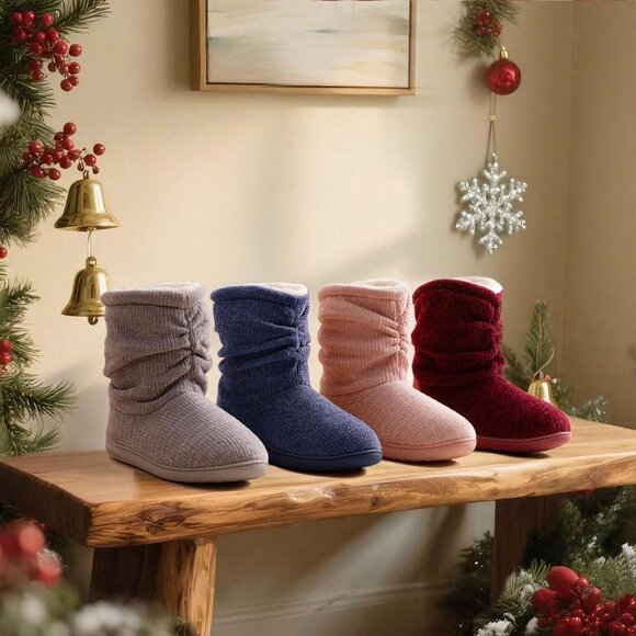 Women's Wine Red Winter Warm Non Slip Knit Memory Foam Slipper Bootie Shoes - Picture 6 of 6